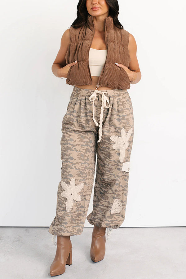 Chic Crochet Detail Drawstring Denim Camouflage Jogging Pants