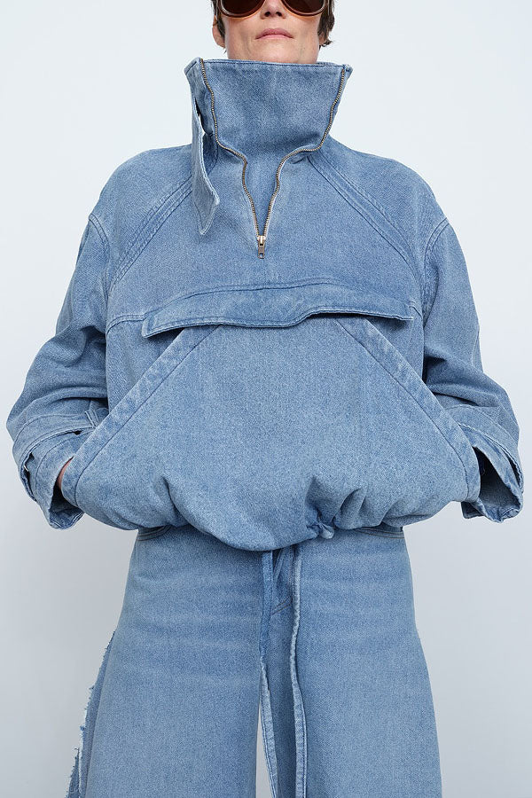 Stylish Mandarin Collar Zipper Pocket Denim Sweatshirt