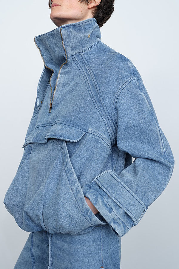 Stylish Mandarin Collar Zipper Pocket Denim Sweatshirt