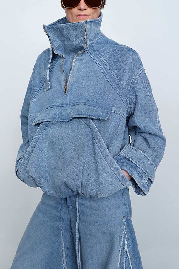 Stylish Mandarin Collar Zipper Pocket Denim Sweatshirt