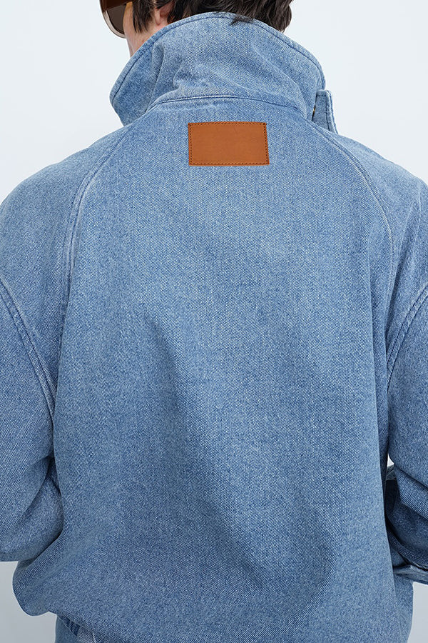 Stylish Mandarin Collar Zipper Pocket Denim Sweatshirt