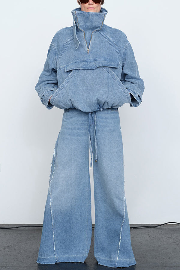 Stylish Mandarin Collar Zipper Pocket Denim Sweatshirt
