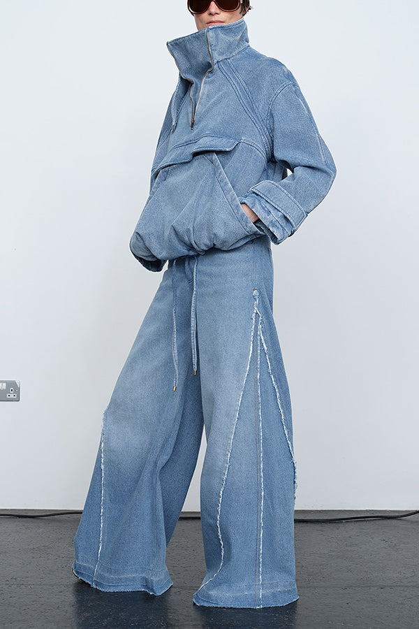 Stylish Mandarin Collar Zipper Pocket Denim Sweatshirt