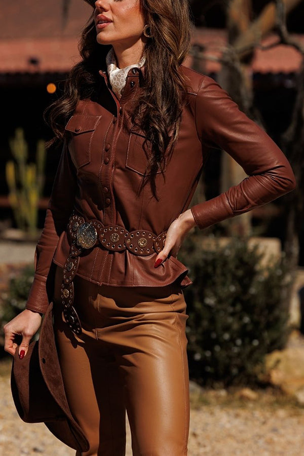 Western Style Double Pocket Single Breasted PU Jacket