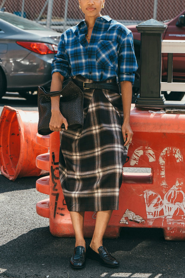 Retro Plaid Shirt & Belted High Waist Skirt Set
