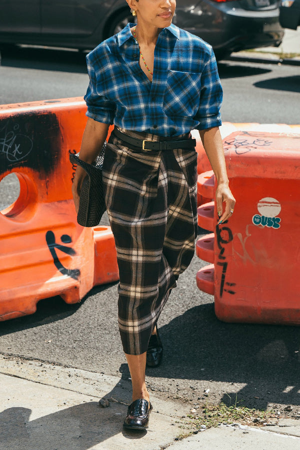 Retro Plaid Shirt & Belted High Waist Skirt Set