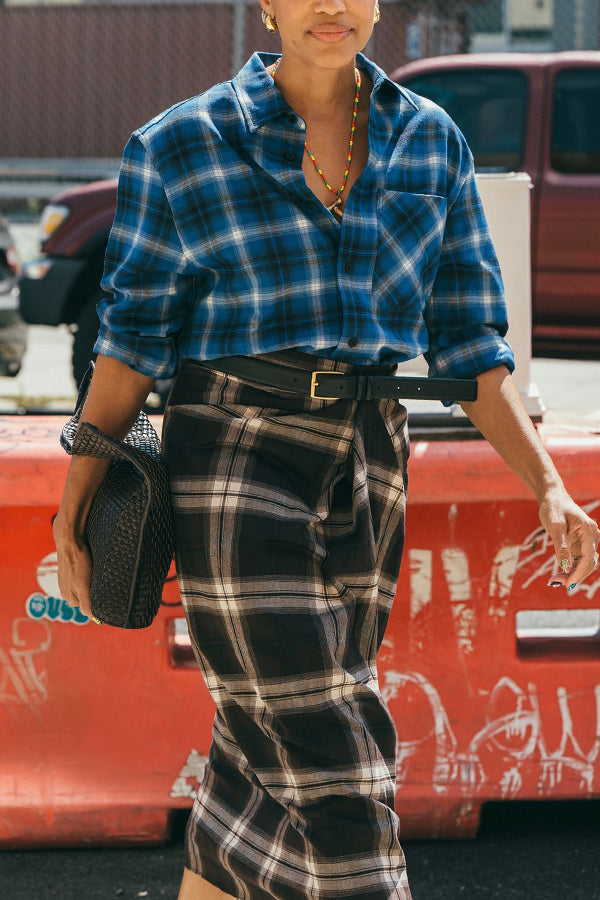 Retro Plaid Shirt & Belted High Waist Skirt Set