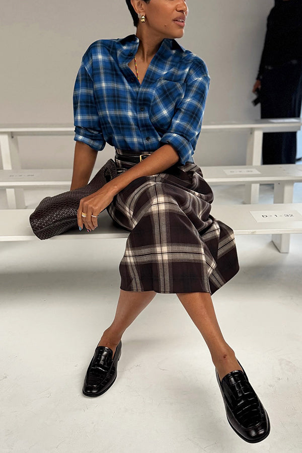 Retro Plaid Shirt & Belted High Waist Skirt Set