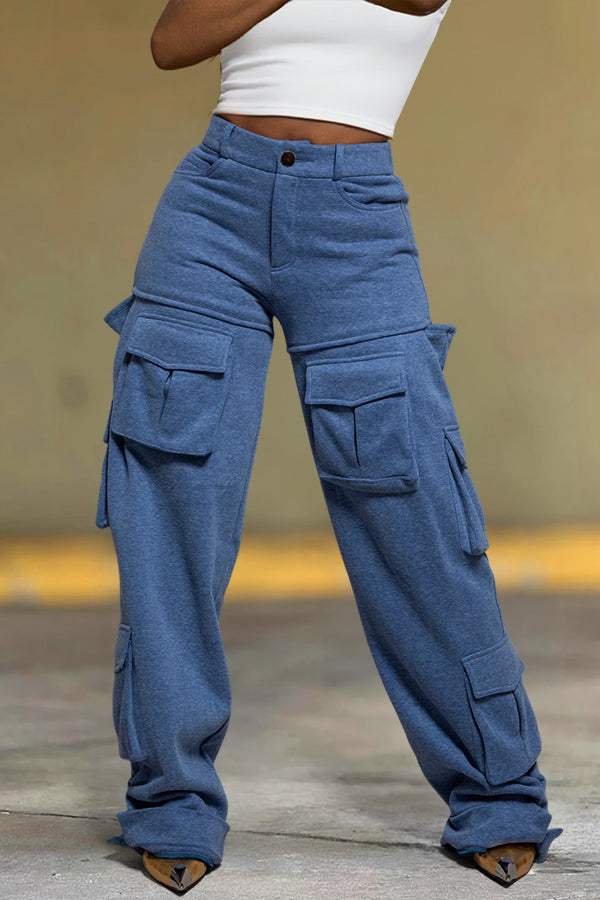 Cozy Faux Denim Multi Pocket High Waist Pants