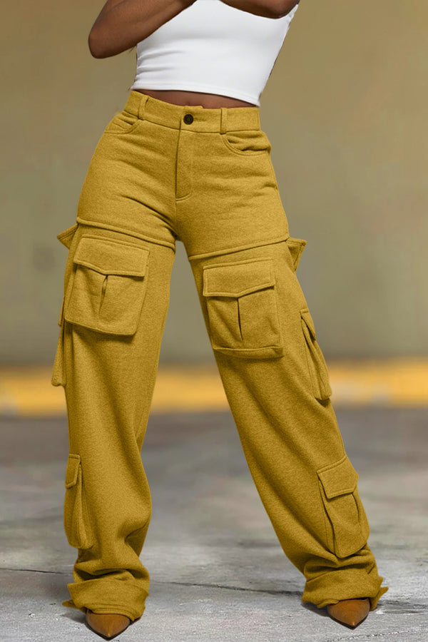 Cozy Faux Denim Multi Pocket High Waist Pants