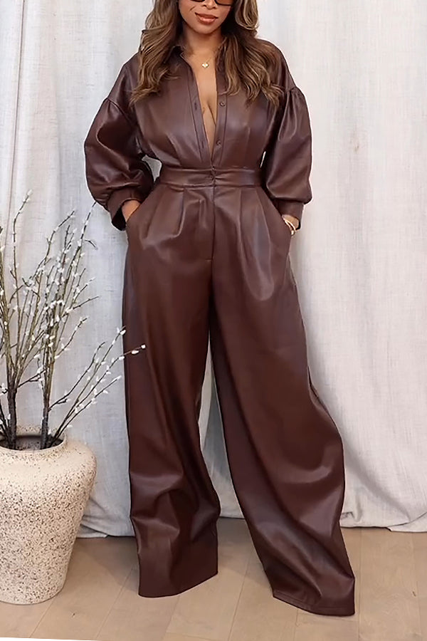 Stylish Zip Up Pleated PU Leather Jumpsuit