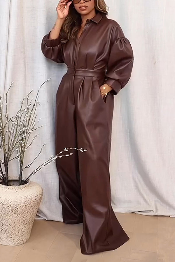 Stylish Zip Up Pleated PU Leather Jumpsuit
