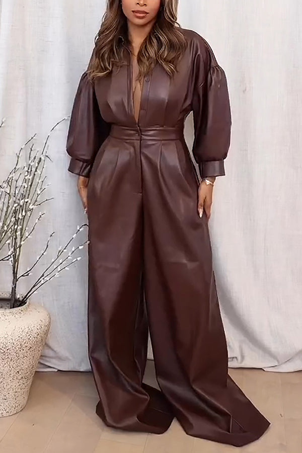 Stylish Zip Up Pleated PU Leather Jumpsuit