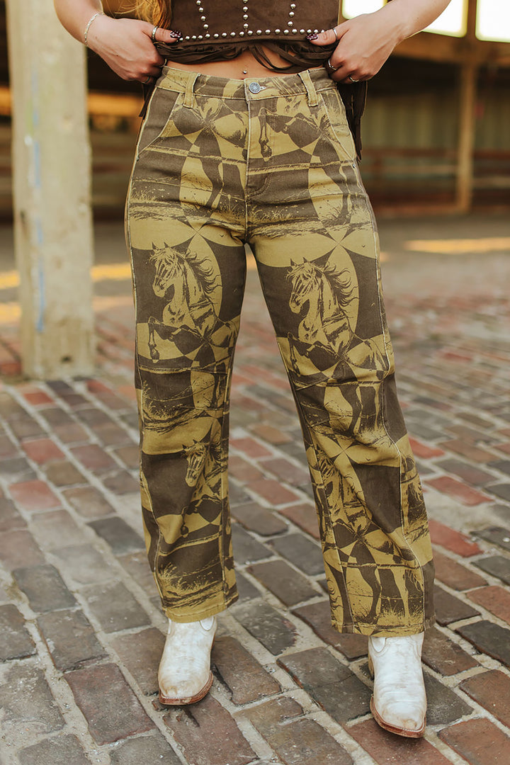 Vintage Animal Print High Rise Straight Pants