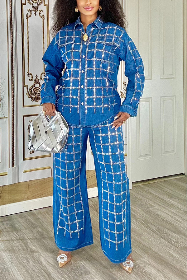 Striking Rhinestone Embellished Denim Shirt & Wide Leg Jeans