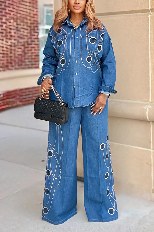 Fashionable Rhinestone Chain Denim Shirt & Wide Leg Jeans