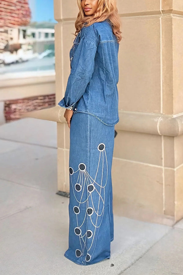 Fashionable Rhinestone Chain Denim Shirt & Wide Leg Jeans
