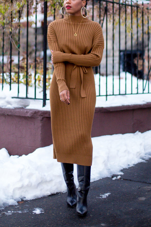 Elegant Belted Side Slit Knitted Maxi Dress