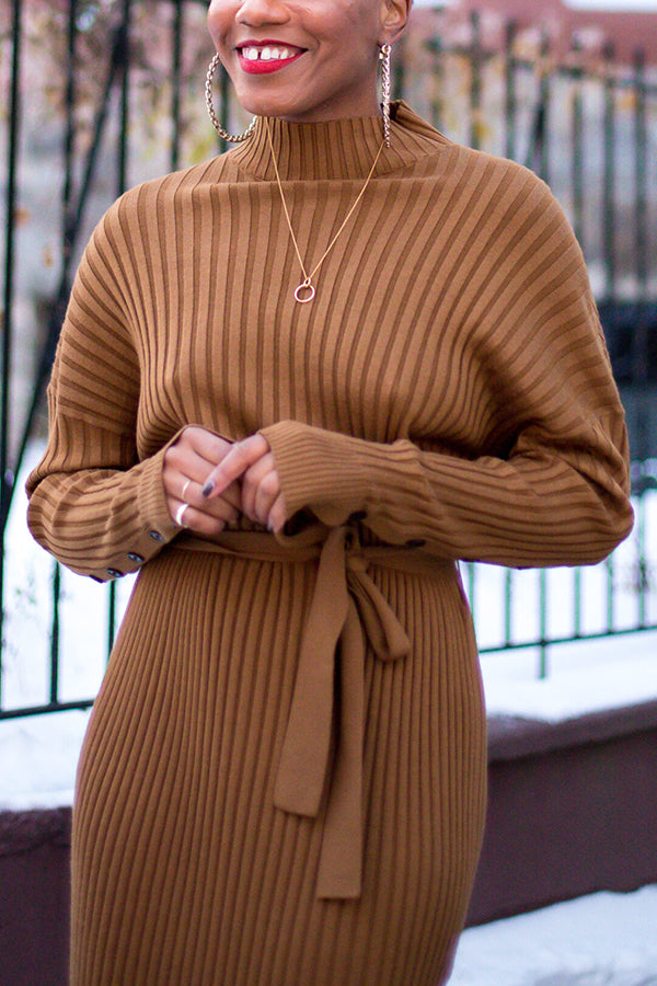 Elegant Belted Side Slit Knitted Maxi Dress