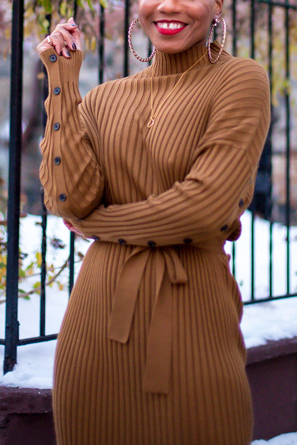 Elegant Belted Side Slit Knitted Maxi Dress