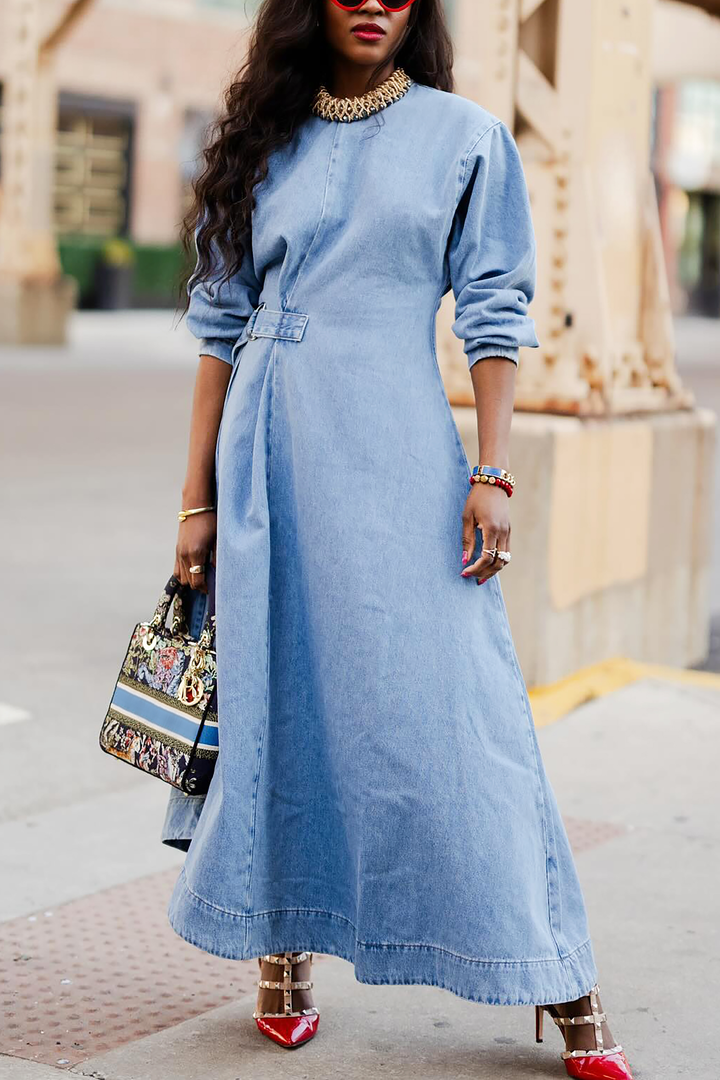 Stylish Belted Ruffle Denim Maxi Dress