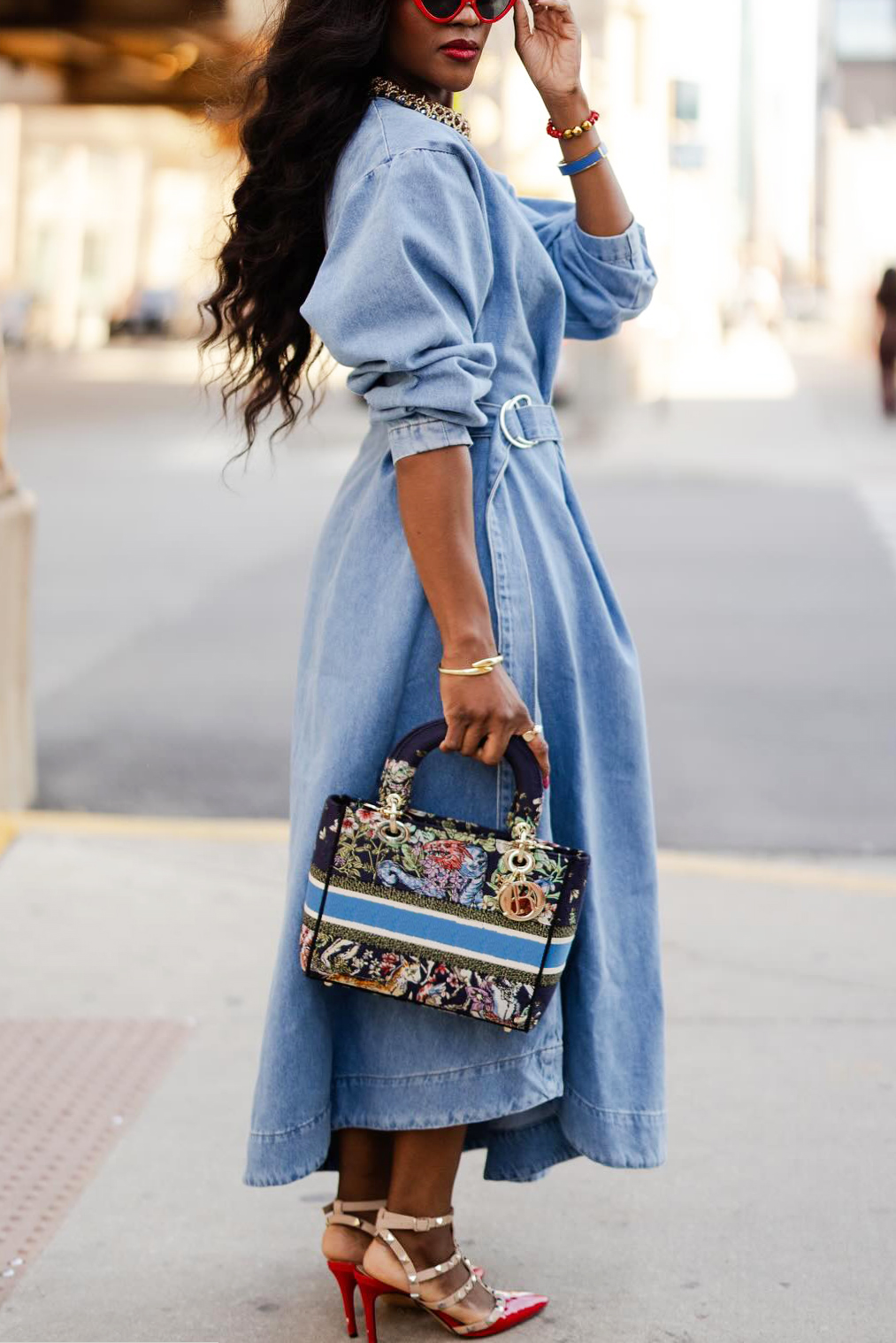 Stylish Belted Ruffle Denim Maxi Dress