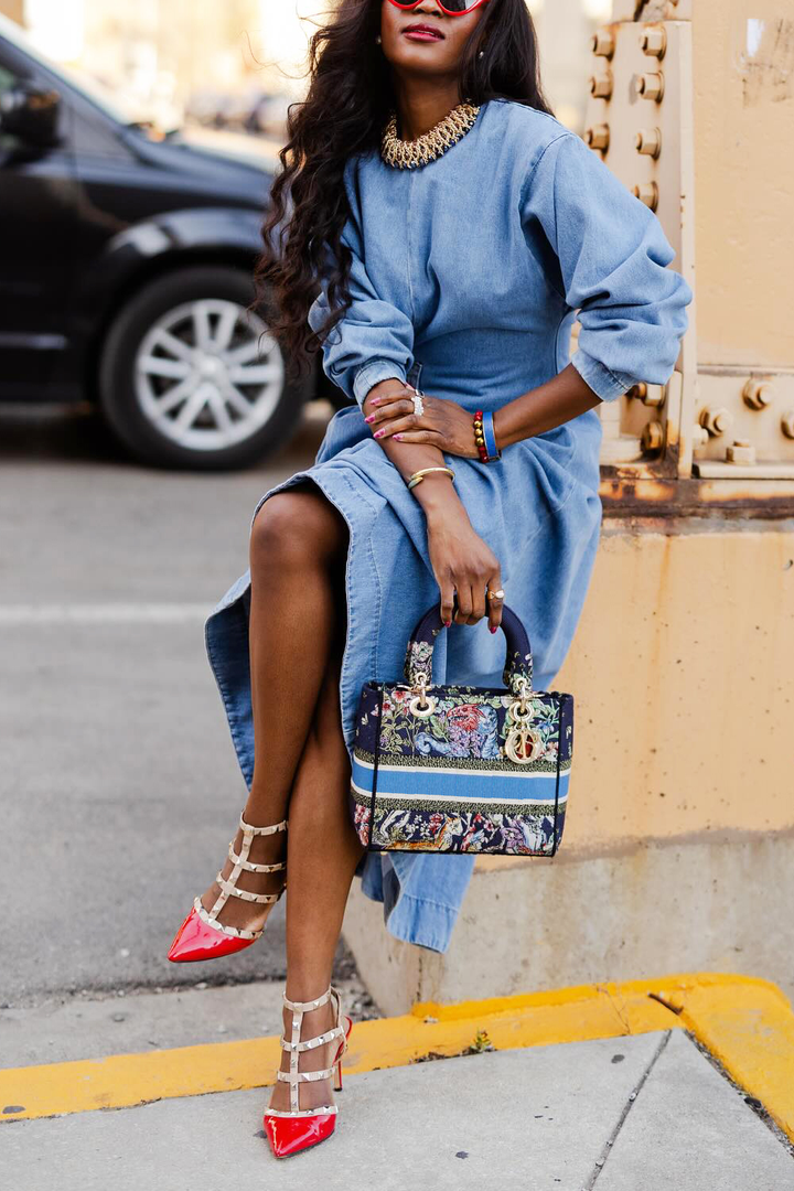 Stylish Belted Ruffle Denim Maxi Dress