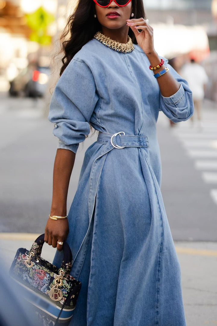 Stylish Belted Ruffle Denim Maxi Dress