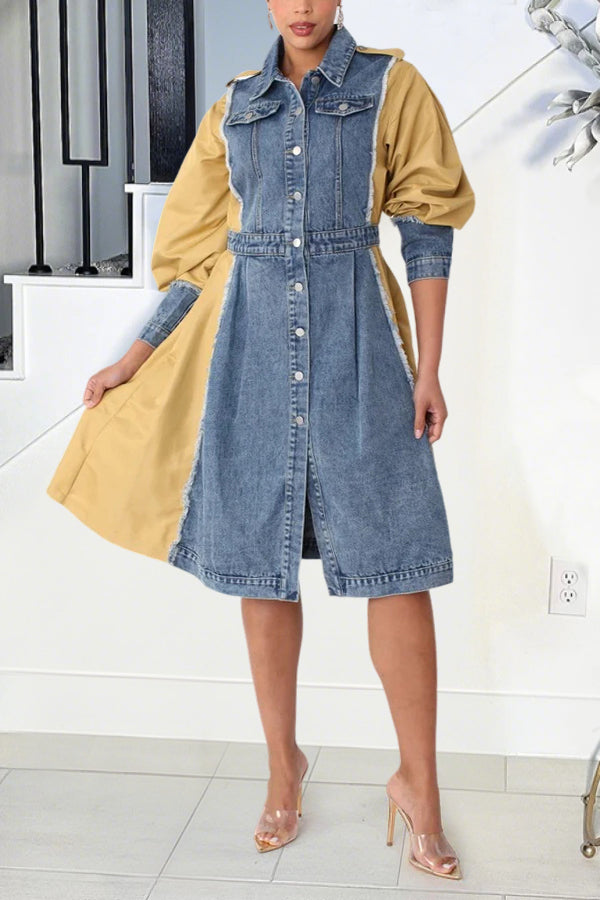 Stylish Contrast Raw Edge Denim Mini Dress