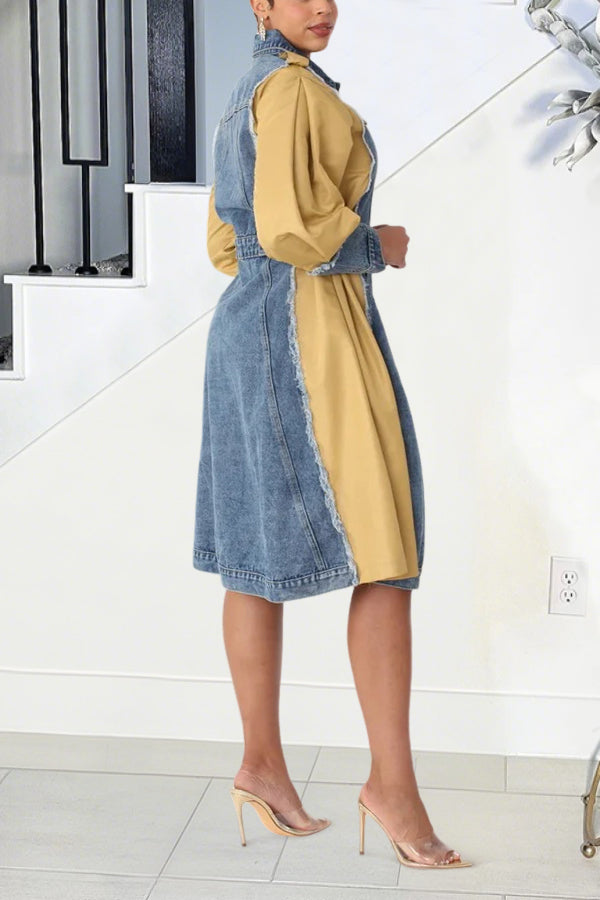 Stylish Contrast Raw Edge Denim Mini Dress