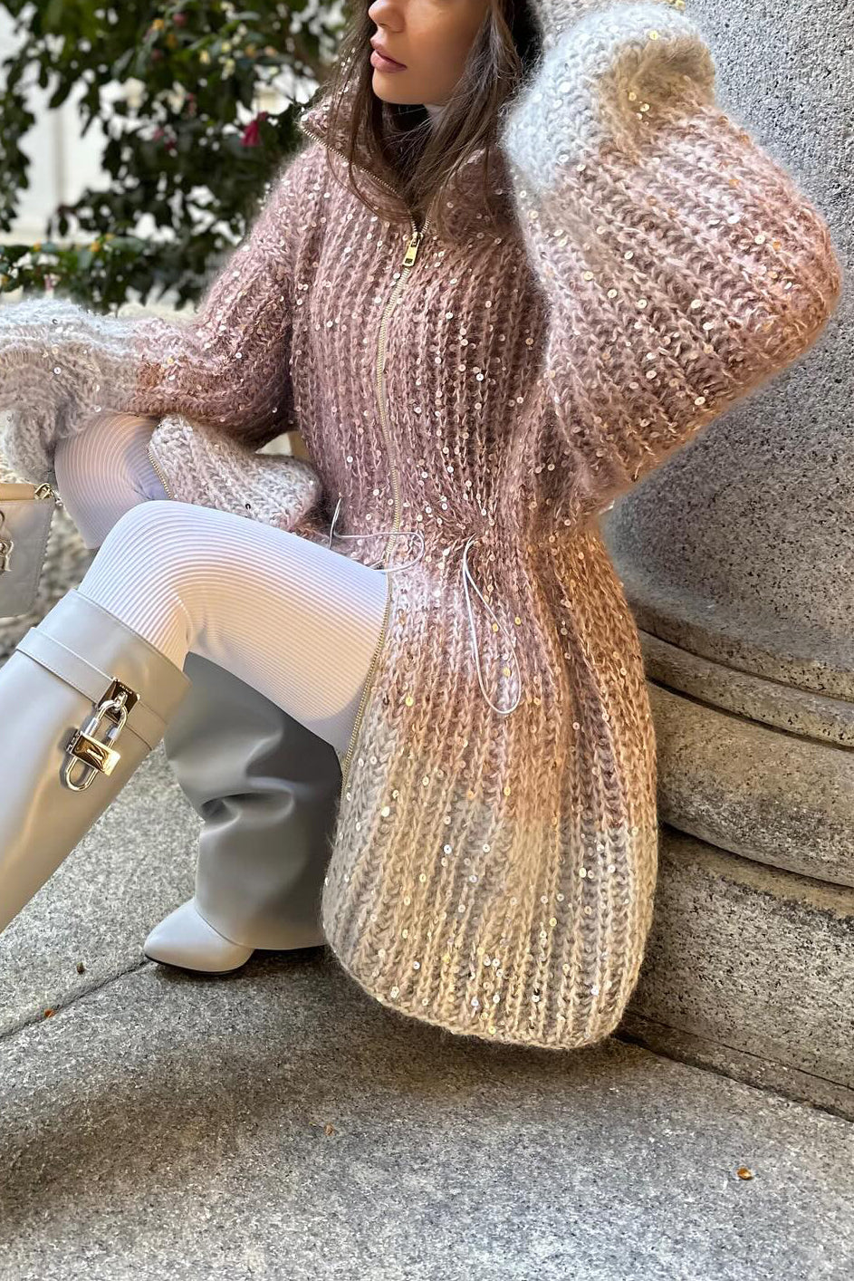 Fashion Search Elastic Drawstring Sequin Gradient Sweater