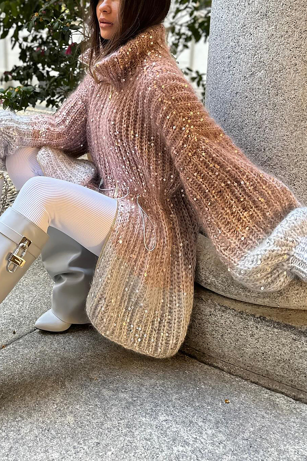 Fashion Search Elastic Drawstring Sequin Gradient Sweater