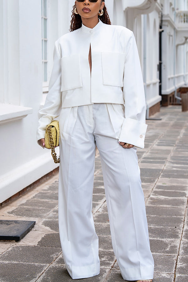 Fashionable Double Pocket Jacket & Wide Leg Pants Set