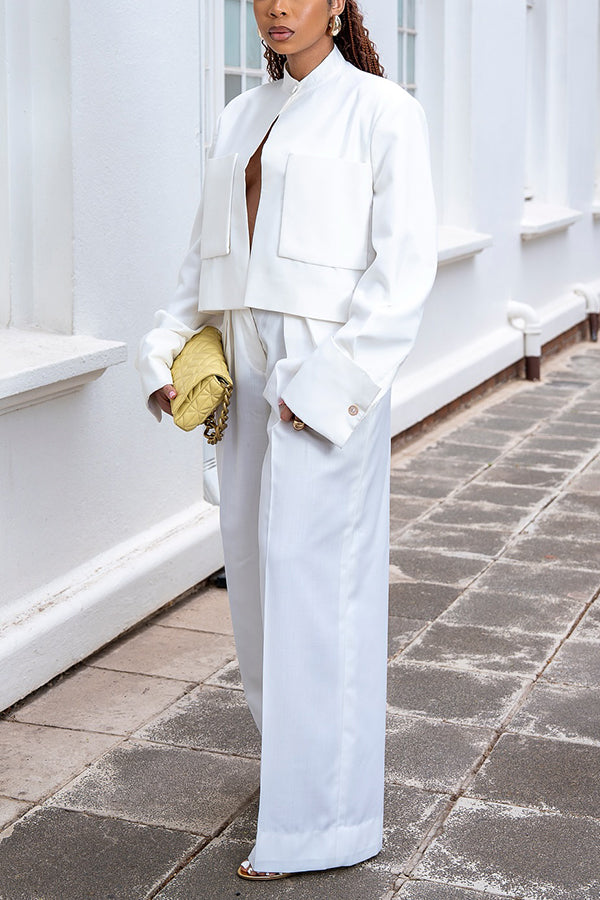 Fashionable Double Pocket Jacket & Wide Leg Pants Set