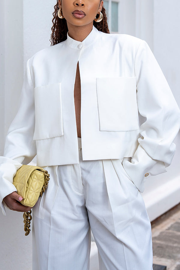 Fashionable Double Pocket Jacket & Wide Leg Pants Set