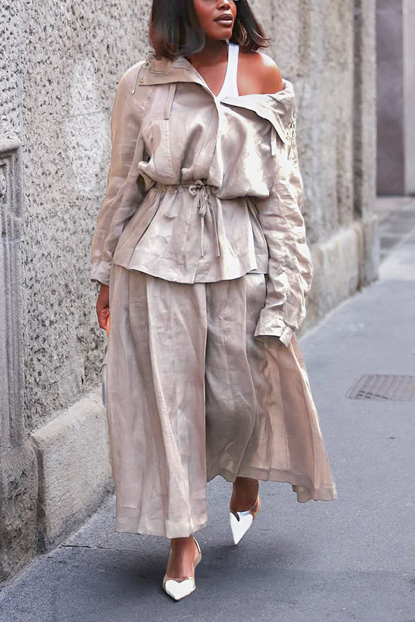 Striking Slant Collar Ruffled Top & Slit Skirt Set