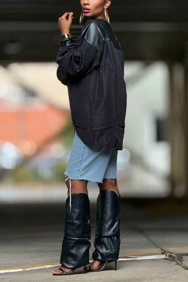 Edge Pu Patchwork Nylon Like Drawstring Waist Pullover