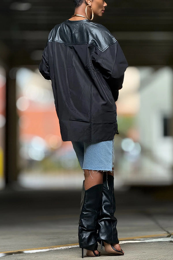 Edge Pu Patchwork Nylon Like Drawstring Waist Pullover