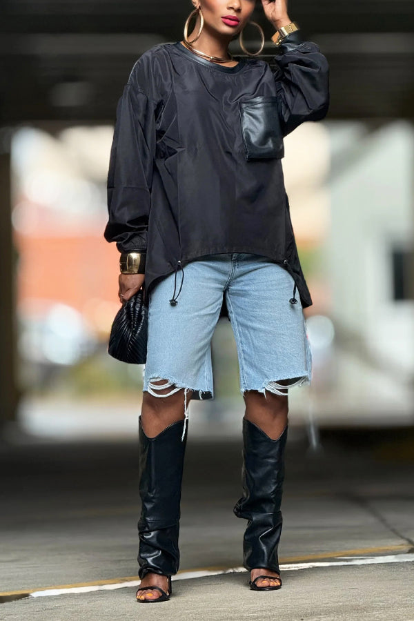 Edge Pu Patchwork Nylon Like Drawstring Waist Pullover