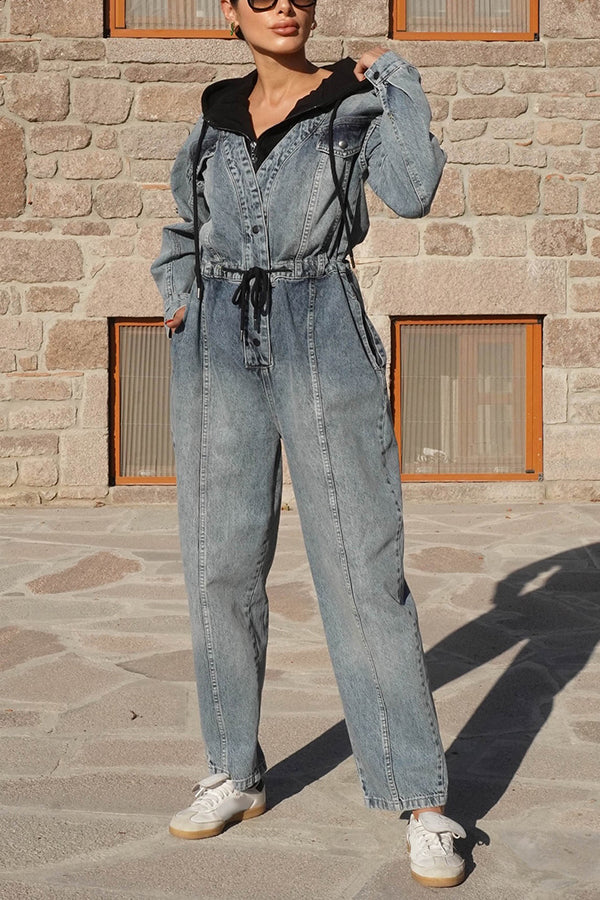 Stylish Patchwork Drawstring Waist Denim Hooded Jumpsuit