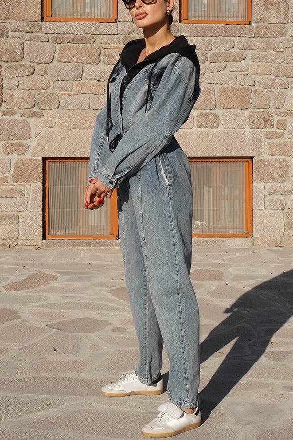 Stylish Patchwork Drawstring Waist Denim Hooded Jumpsuit