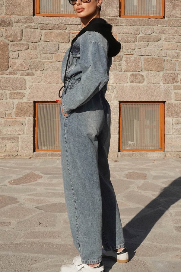 Stylish Patchwork Drawstring Waist Denim Hooded Jumpsuit