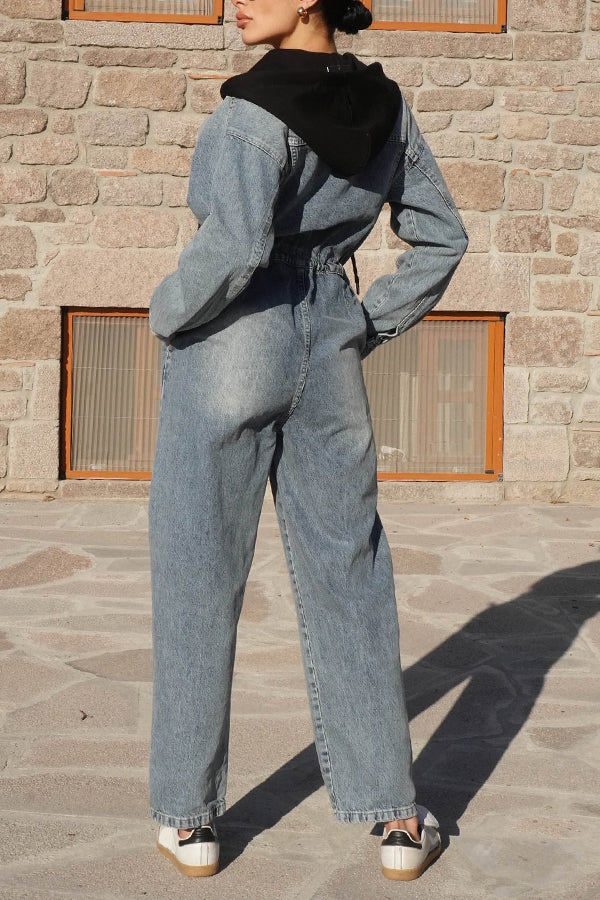 Stylish Patchwork Drawstring Waist Denim Hooded Jumpsuit