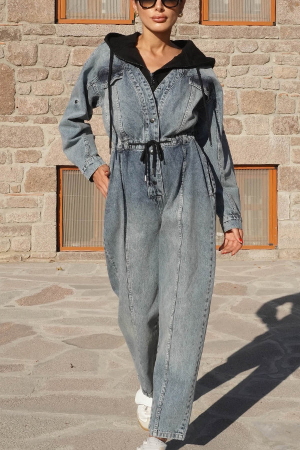 Stylish Patchwork Drawstring Waist Denim Hooded Jumpsuit