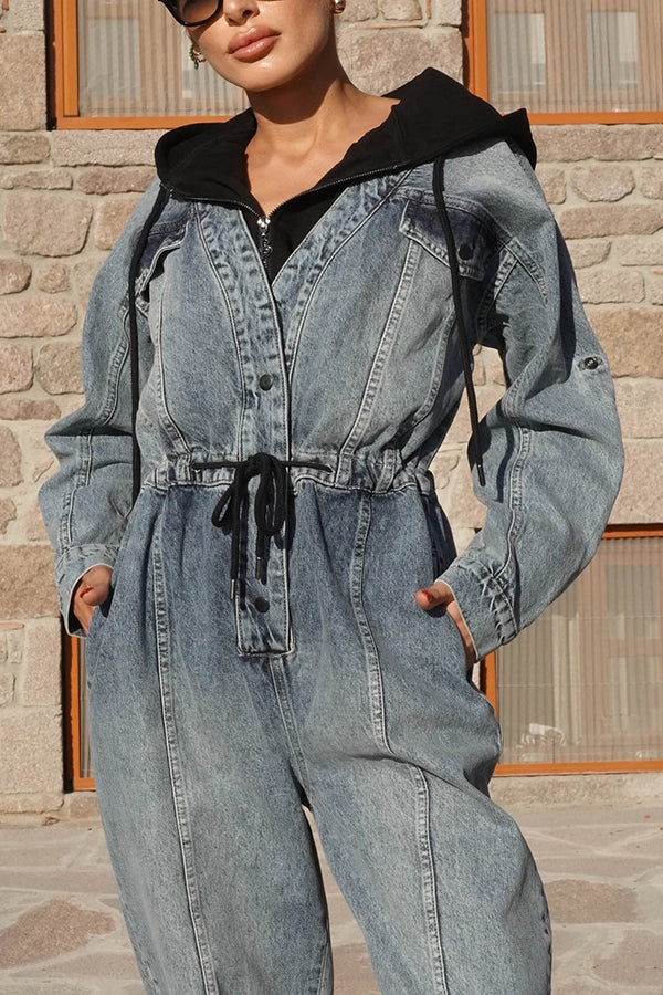 Stylish Patchwork Drawstring Waist Denim Hooded Jumpsuit