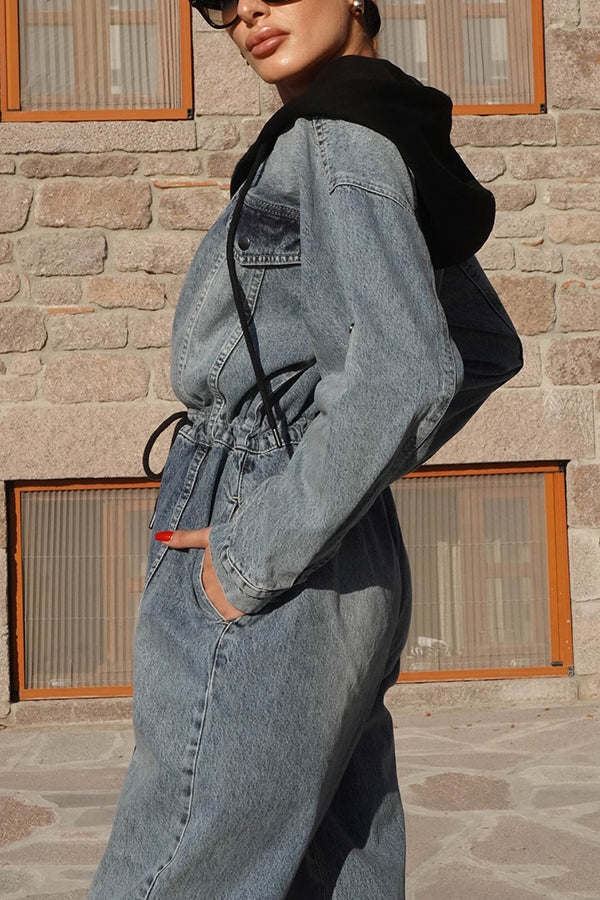 Stylish Patchwork Drawstring Waist Denim Hooded Jumpsuit