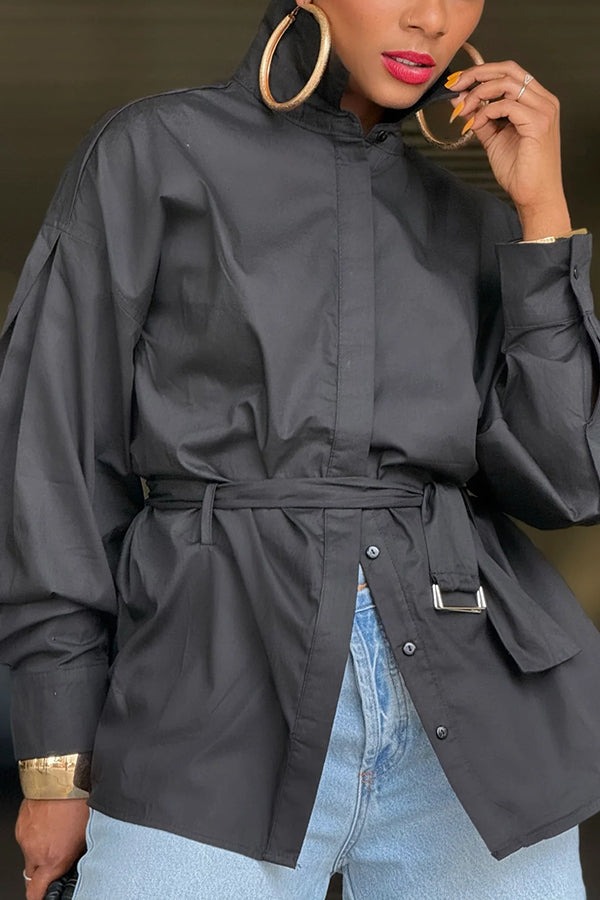 Stylish Self Tie Buckle Waist Sash Shirt