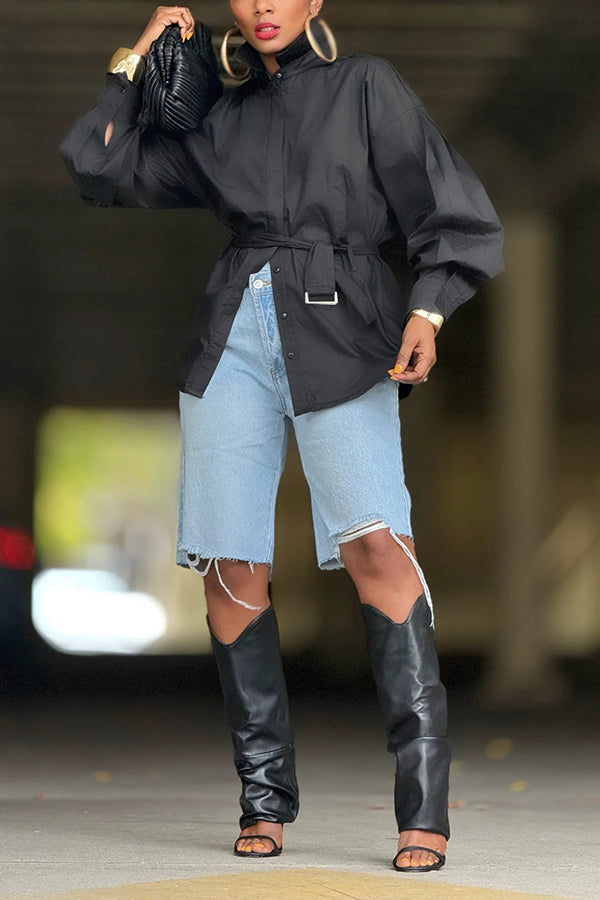 Stylish Self Tie Buckle Waist Sash Shirt