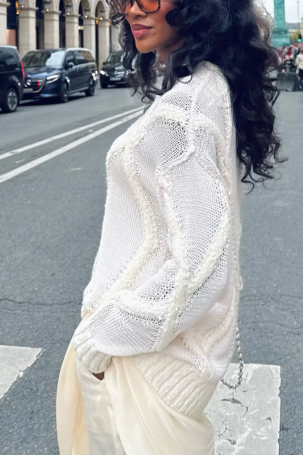 Simple Slant Collar Cable Detail Sweater