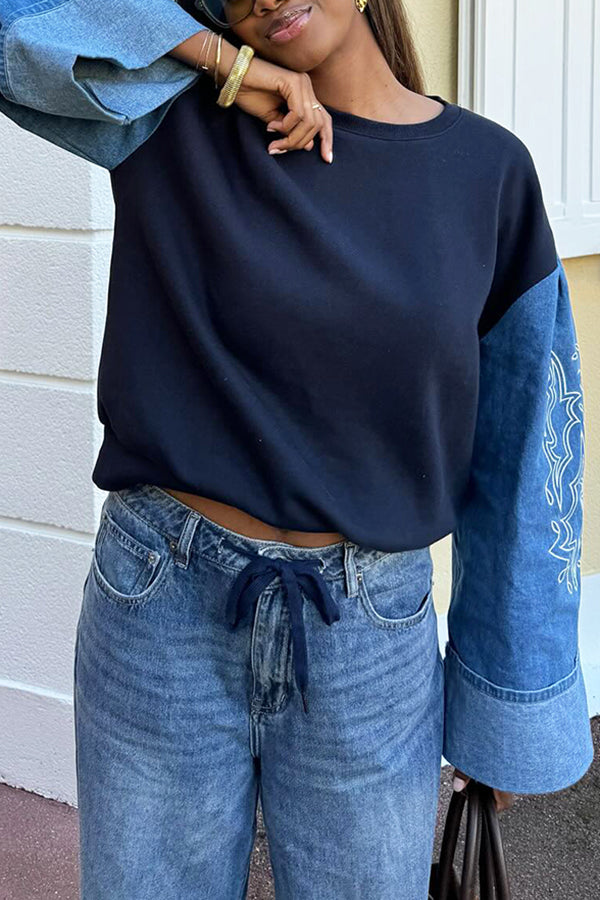 Chic Floral Embroidered Denim Patchwork Sweatshirt